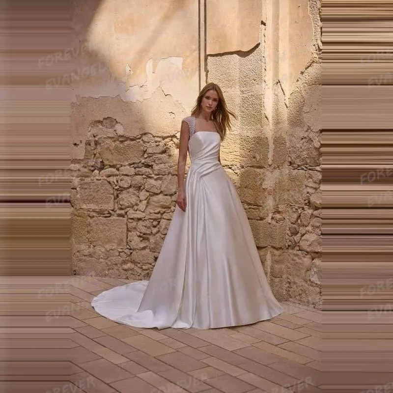

Simple Wedding Dresses Woman A Line Beading Sweep Train Satin Bride Gowns Formal Sleeveless Backless Customized Vestido De Novia