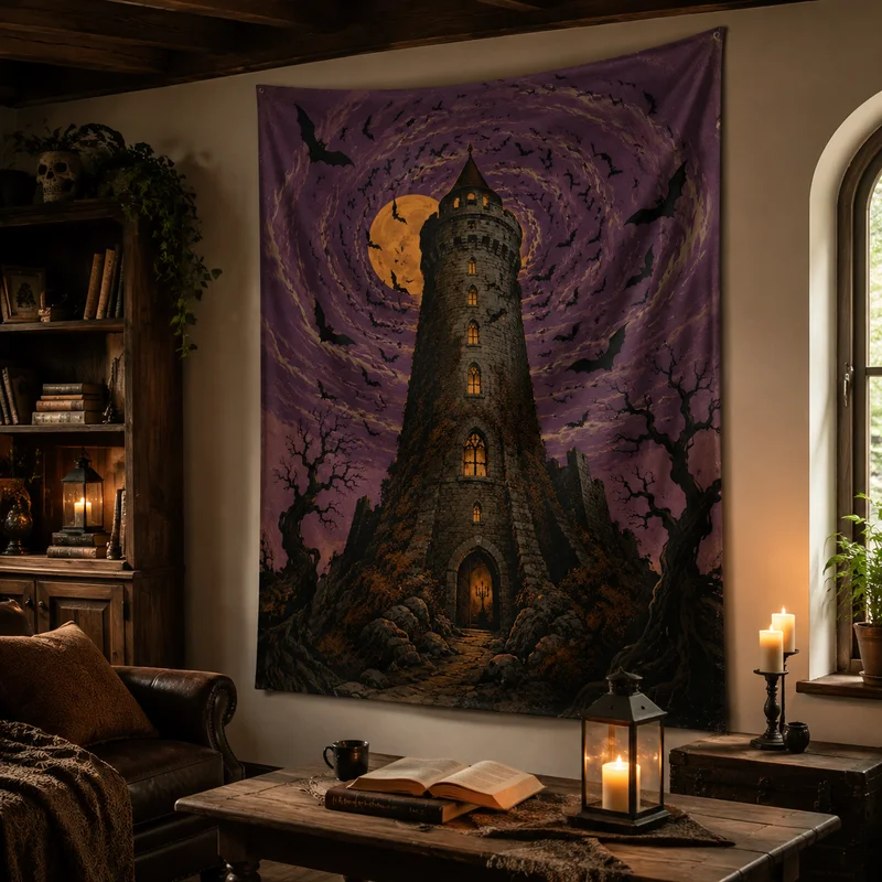 VIKAMA Vintage Halloween Castle Tapestry, Mysterious Gothic Bat Wall Hanging, Halloween Bedroom Decor for a Spooky Atmosphere