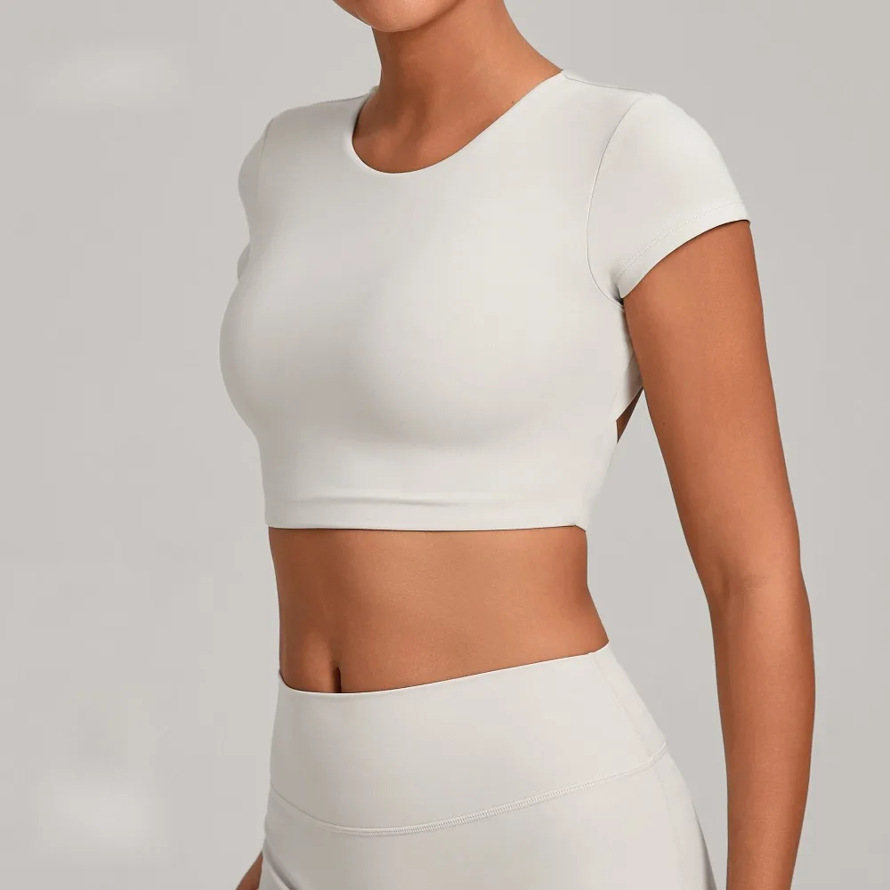 Gym Workout Clothes Backless Running Sports Top Double-layer Stitching No Chest Pad Yoga Wear Fitness Short Sleeve for Women
