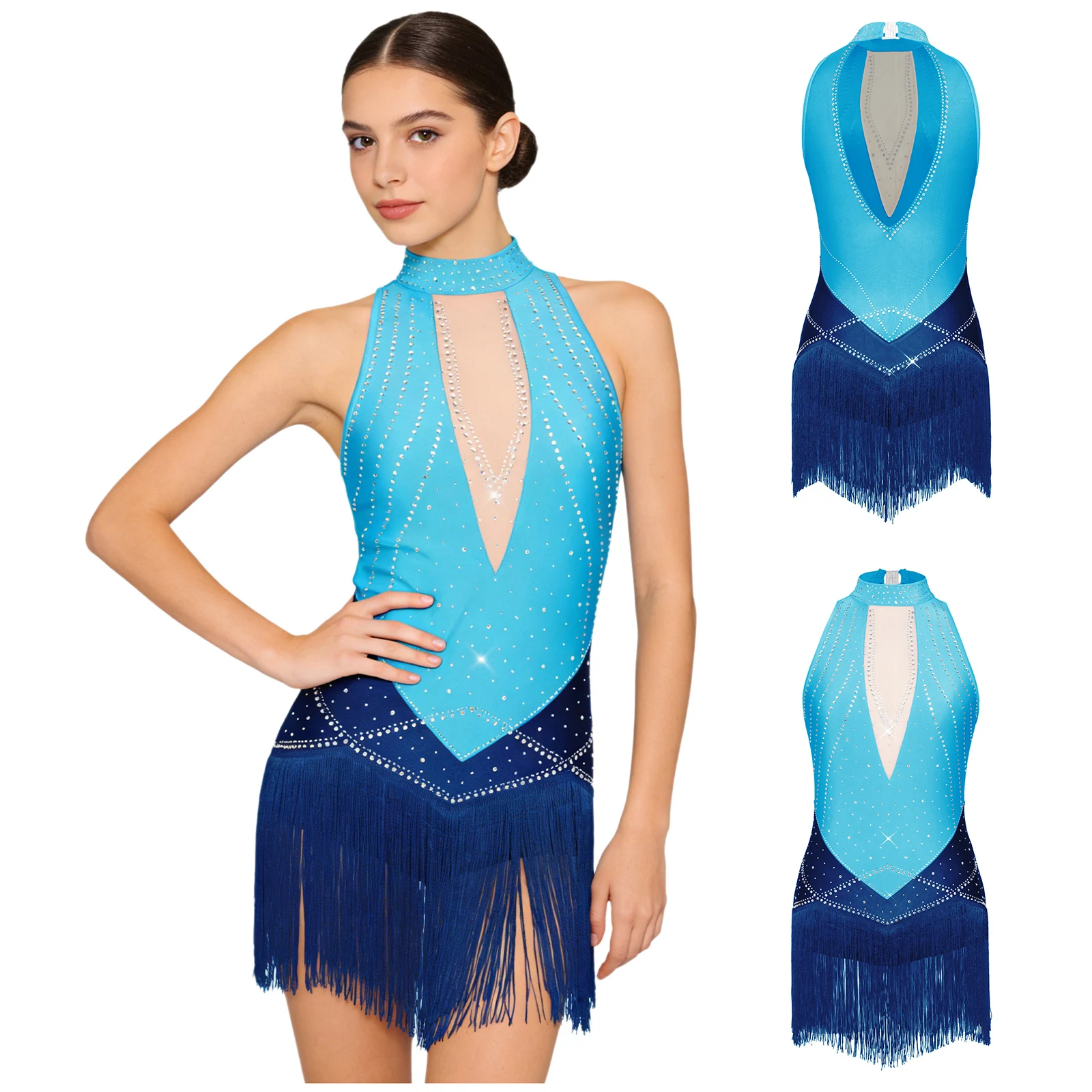 

Womens Tassels Latin Dance Tango Rumba Salsa Costume Rhinestones Halter Sleeveless Fringed Dress Leotard Ballroom Jazz Dancewear