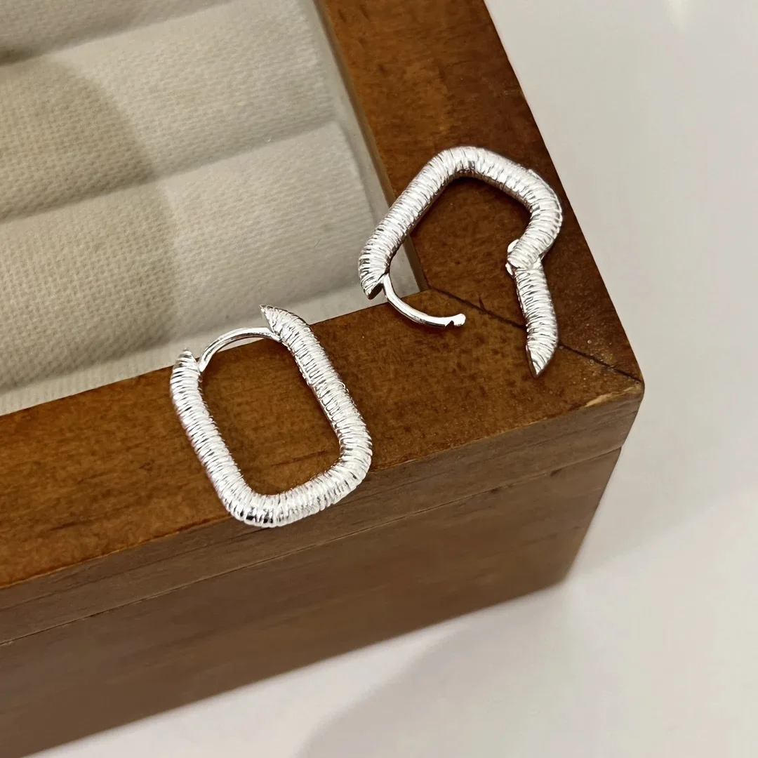 PANJBJ 925 Sterling Silver Geometry Earrings For Women Texture Minimalism  Design Fashion Simplicity Jewelry Party Gift