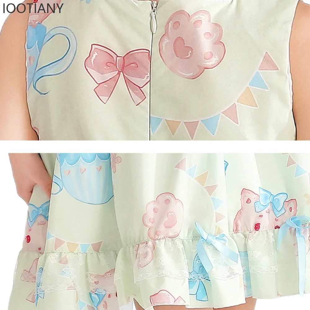 CosplayChildren's Sweet And Cute Girl Lolita Square Neck Bow Pink Rabbit Print Sleeveless Lace Girl Princess Dress Cosplay Costu