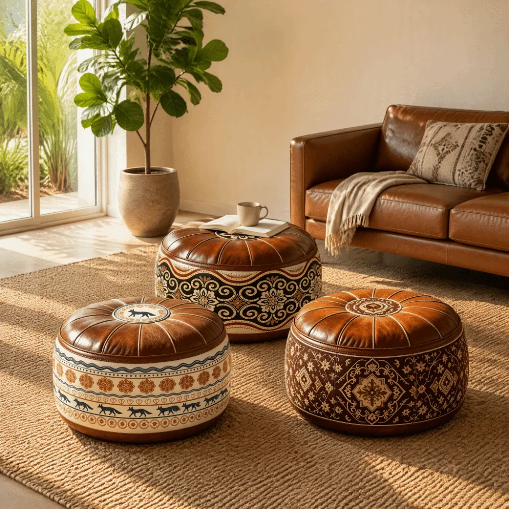 Stylish PU Leather Round Sofa Stool Cover Space-Saving Waterproof Seat Cushion Cover Unfilled Vintage Sofa Footstool Entryway