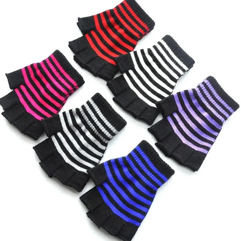 1Pair Black Red Stripe Half Finger Fingerless Gloves for Women Men Knit Wrist Winter Warm Outdoor Gothic Lolita Style Mittens