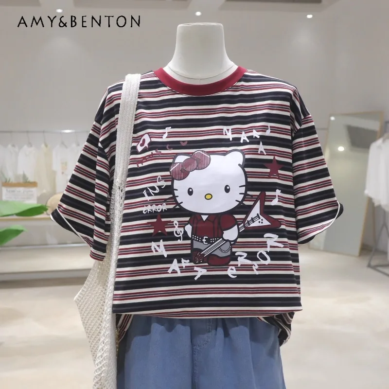 

Soft Striped Girly Age-reducing Cartoon Top Tees 2025 Summer Loose And Thin Versatile Cotton Short-sleeved Y2k T-shirt For Women