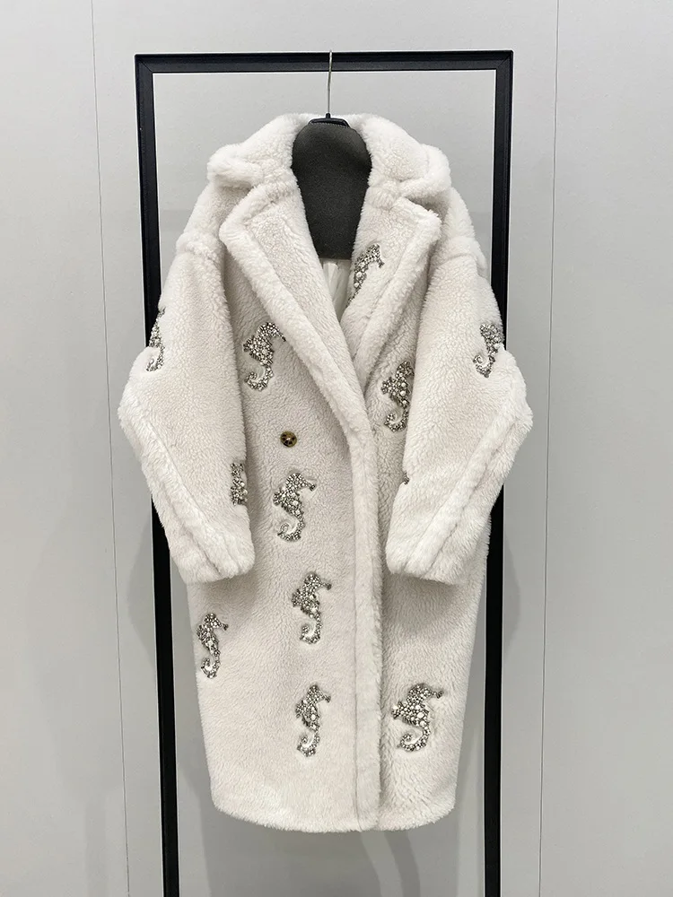 

2023 Winter Teddy Bear Coat Women Cream White Long Alpaca Coat Women New Classic Ultra Loose Warm Wool Coat Seahorse Pattern