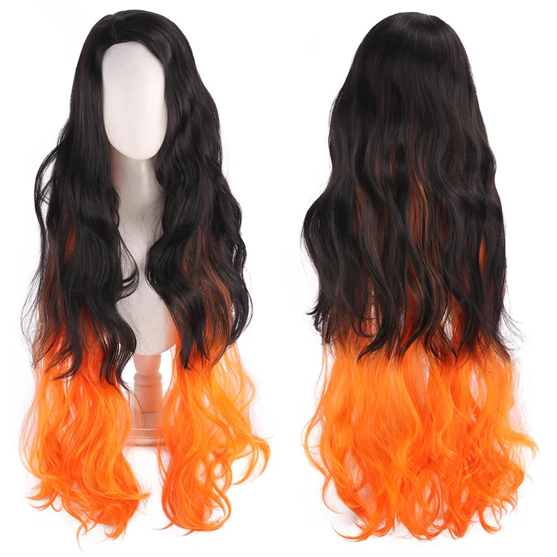Ghost Annihilation Blade Stove Door You Bean Black Gradient Orange Yellow Long Curled Hair Color blocked Cos-Synthetic fiber wig