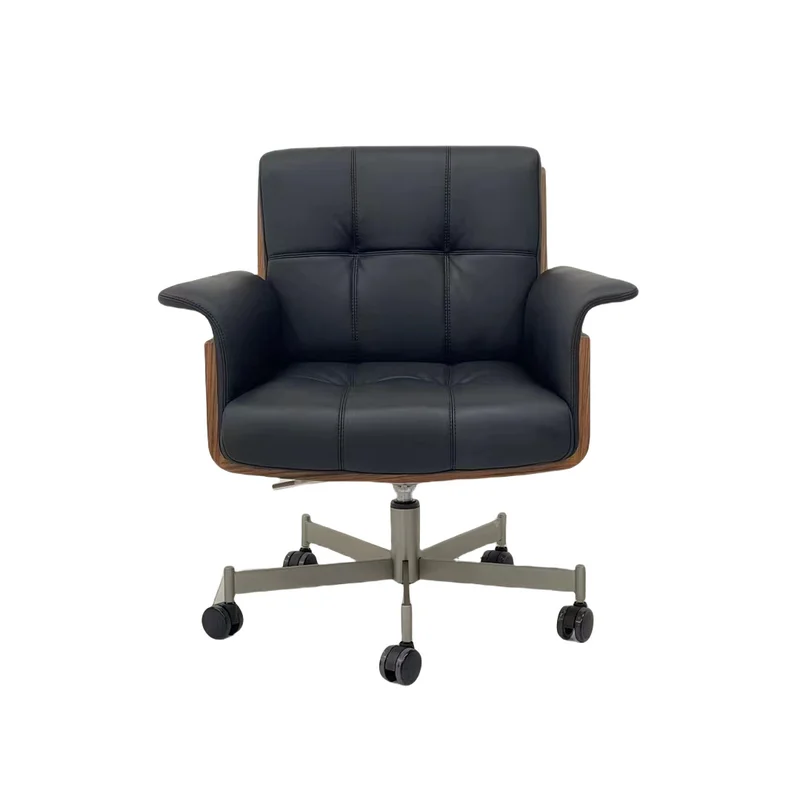 

#Luxury Mid Back Studio Executive Armchair Black Leather Swivel Office Chair Solid Wood Frame Working Chair for Home Office Room