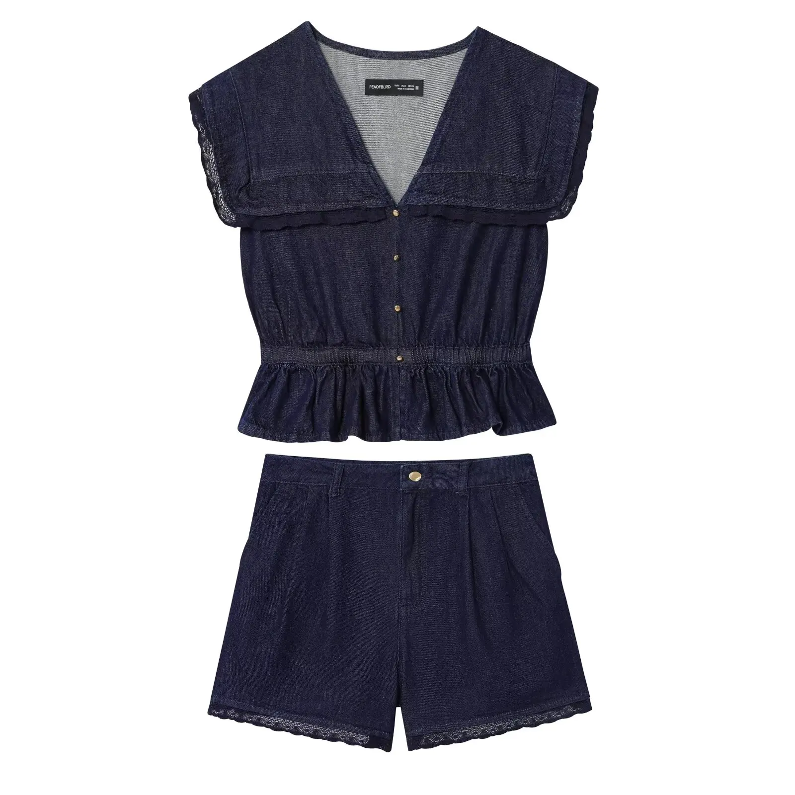 

HH Women Elegant Retro Denim Single-breasted Lace V-Neck Sleeveless Shirt+High Street Zipper Pocket Casual Shorts Suit