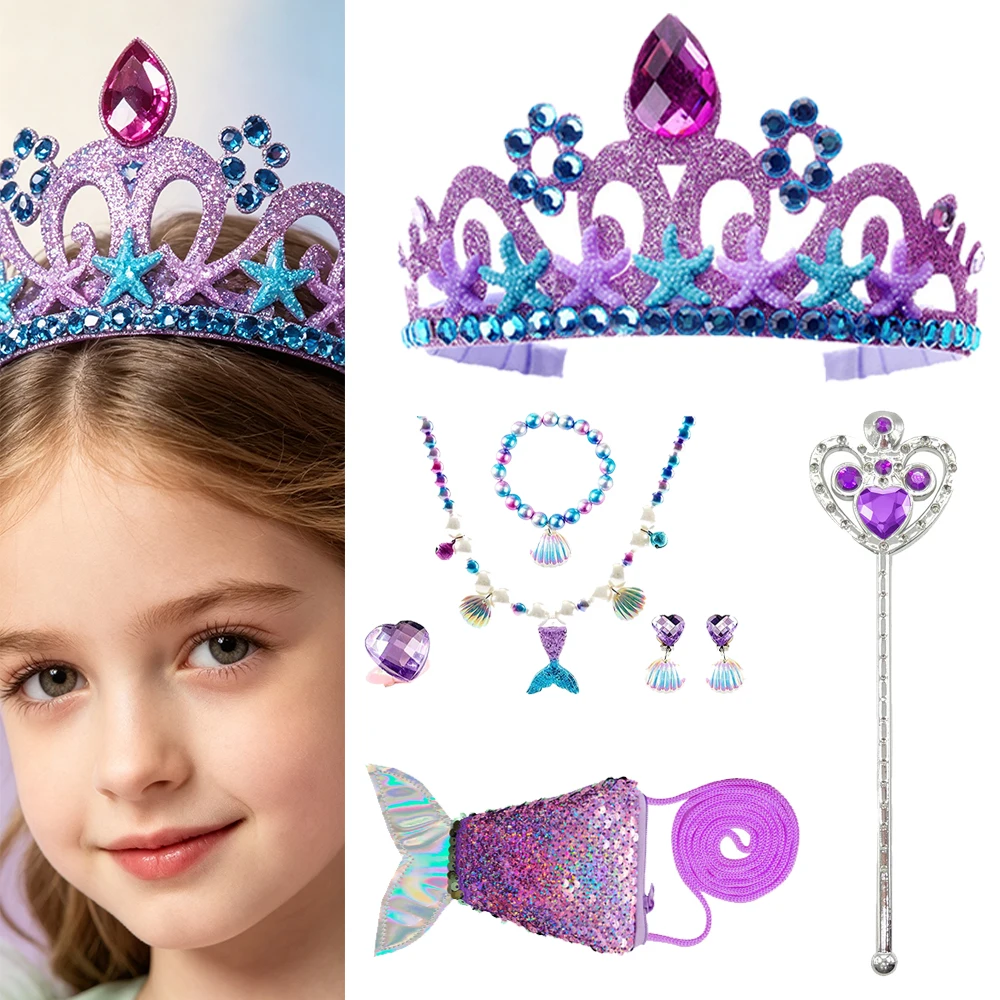 Purple Princess Gloves Wand Crown Jewelry Set With Mermaid Tail Necklace For Girls Birthday Halloween Cosplay Dress Up Gift