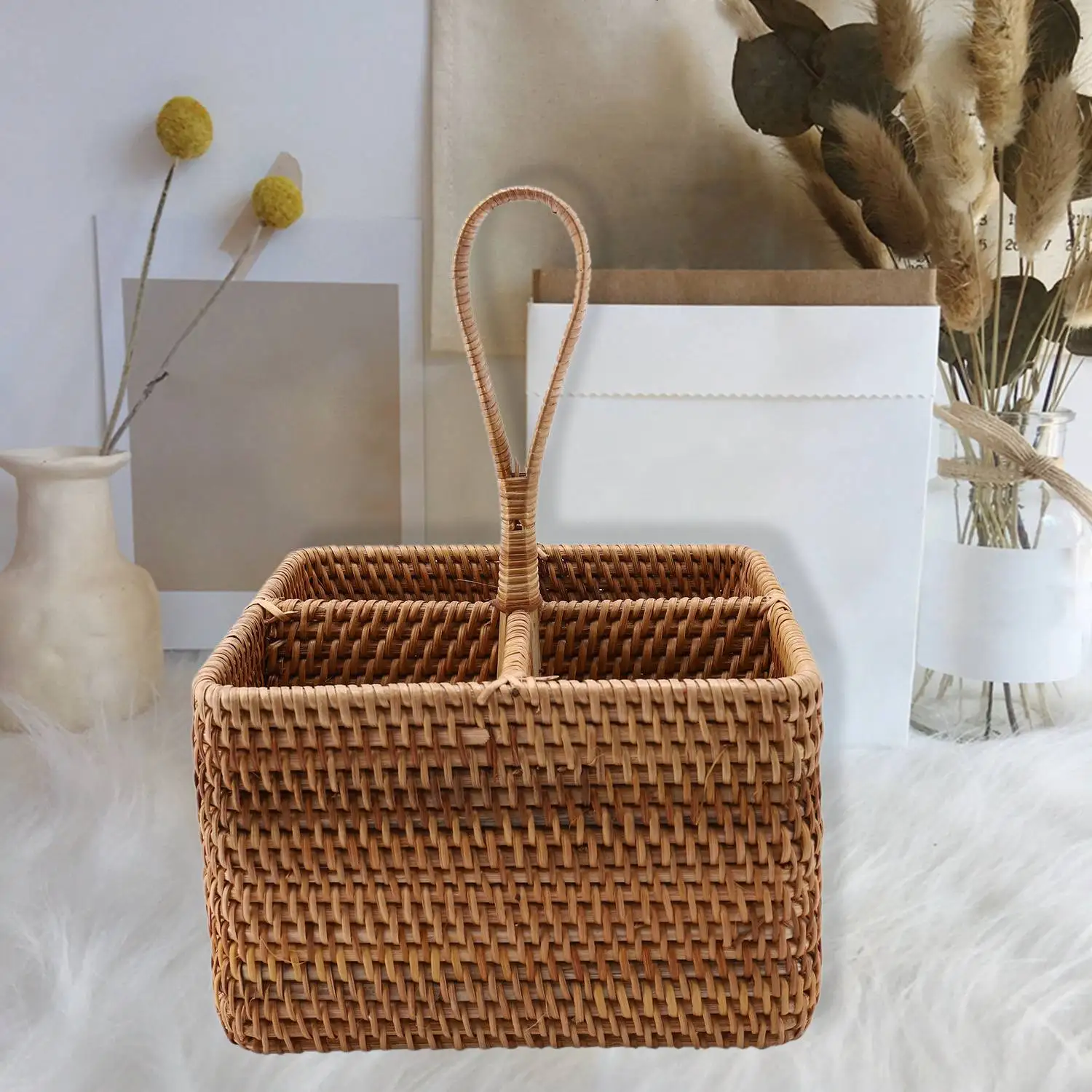 Hand-Woven Wicker Straw Storage Basket Portable Four Compartment Classification Storage Fruit Basket Home Storage C