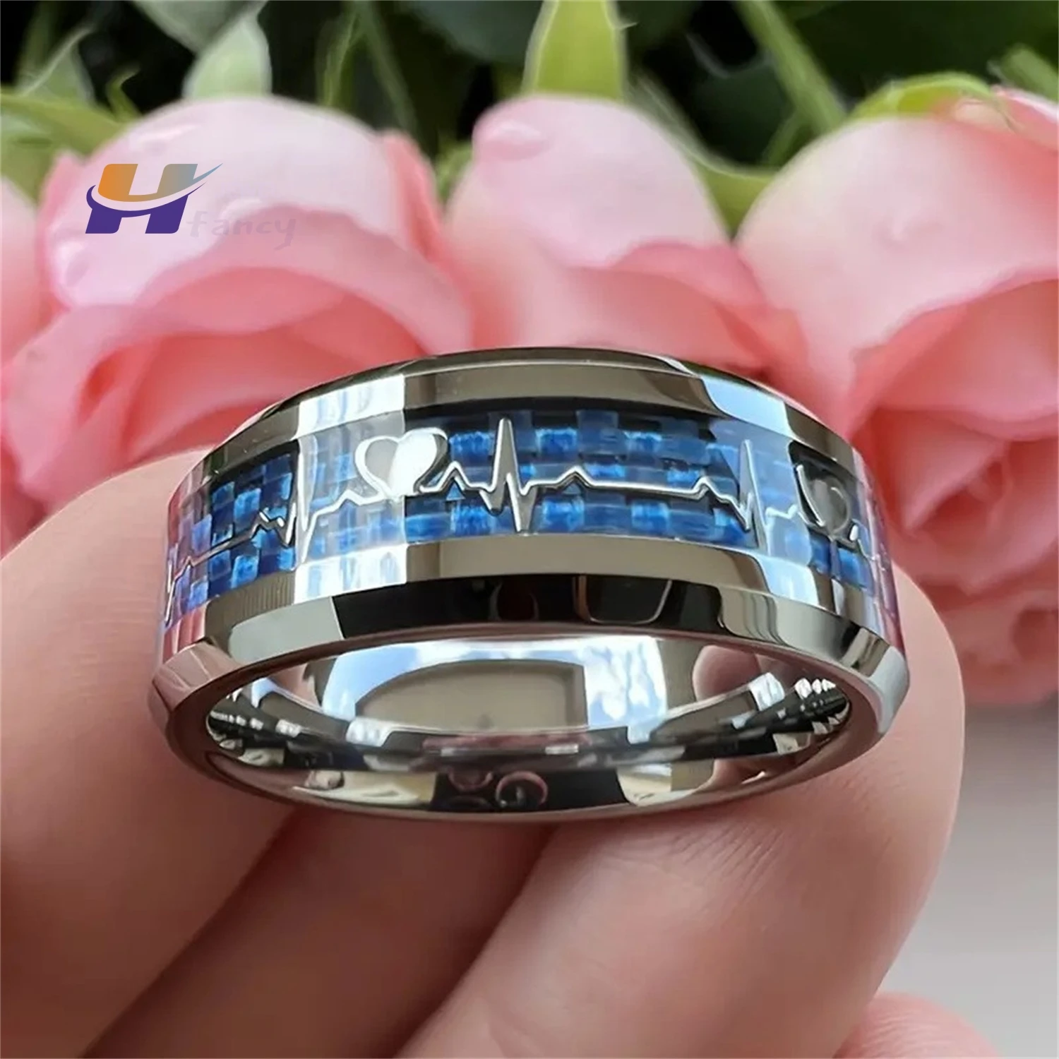 Carbon Fiber Heartbeat Ring Titanium Steel Black Carbon Fiber Inlay Gold Plated Pulse Rate Fashion Men Women Jewelry