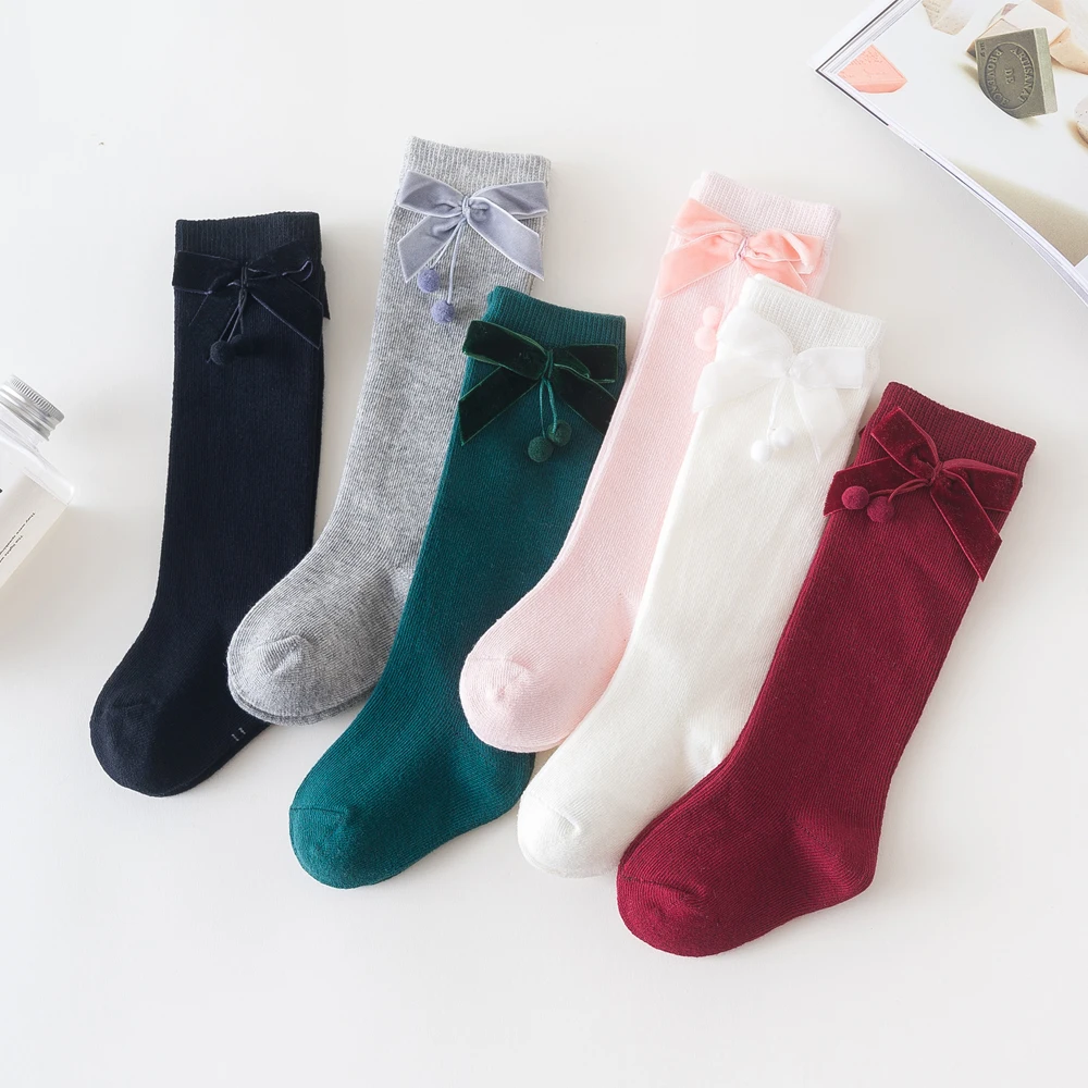 Winter Baby Girls Socks Kawaii Ball Bowknit Woolen Knee High Kids Short Sock 100% Soft Cotton Newborn Christmas Sock For 0-3 Yrs