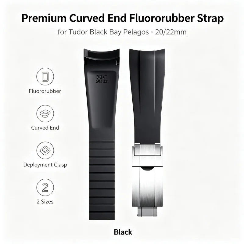 20mm 22mm Top Curved End Fluororubber Rubber Watch Band For Tudor Strap 41mm Black Bay Panda 39mm 1958 PELAGOS 37mm 1954 Series