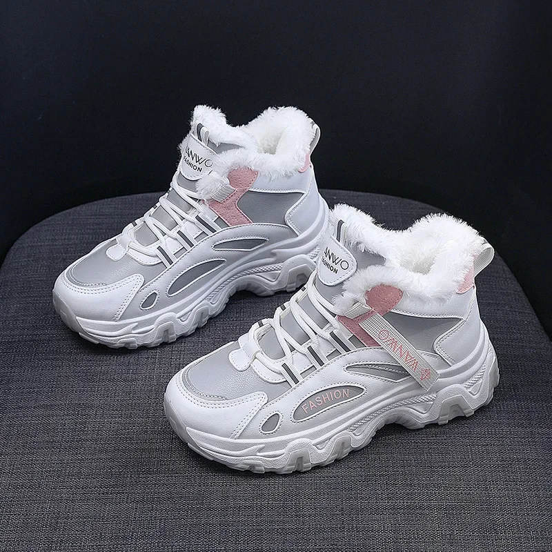 Women's White Winter Sneakers with Plush Lining and Chunky Sole - Warm High-Top Athletic Shoes for Cold Weather zapatos de mujer