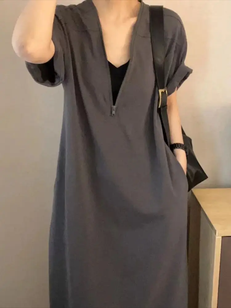 プラスサイズ 夏 カジュアル ハイウエスト Tシャツ ドレス レディース ゆったり 着痩せ お腹カバー ジッパー付き ロング丈 ドレス