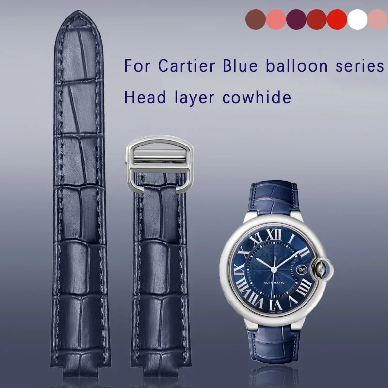 

Deep blue Genuine Leather Watchband for Cartier Blue Balloon Convex mouth Belt Women's Strap 14 16 18 20mm Watch Accessories
