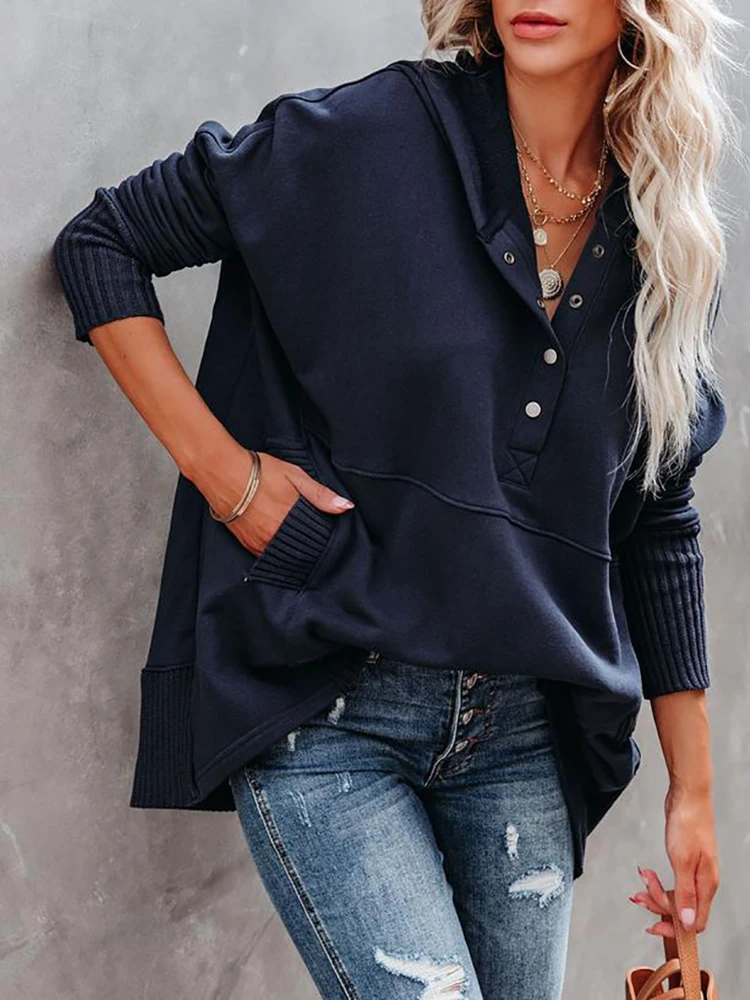 Women\'s Patchwork Pullover Tops Pockets Button V Neck Solid Hoodies Long Sleeve emale Casual Sweatshirts Fashion Ladies Clothes