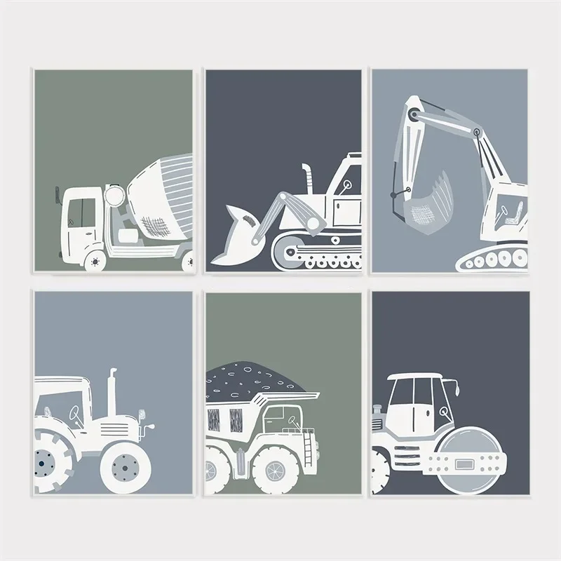 Cartoon Construction Vehicles Truck Tractor Excavator Minimalist Wall Art Print Canvas Painting Posters for Modern Home Decor