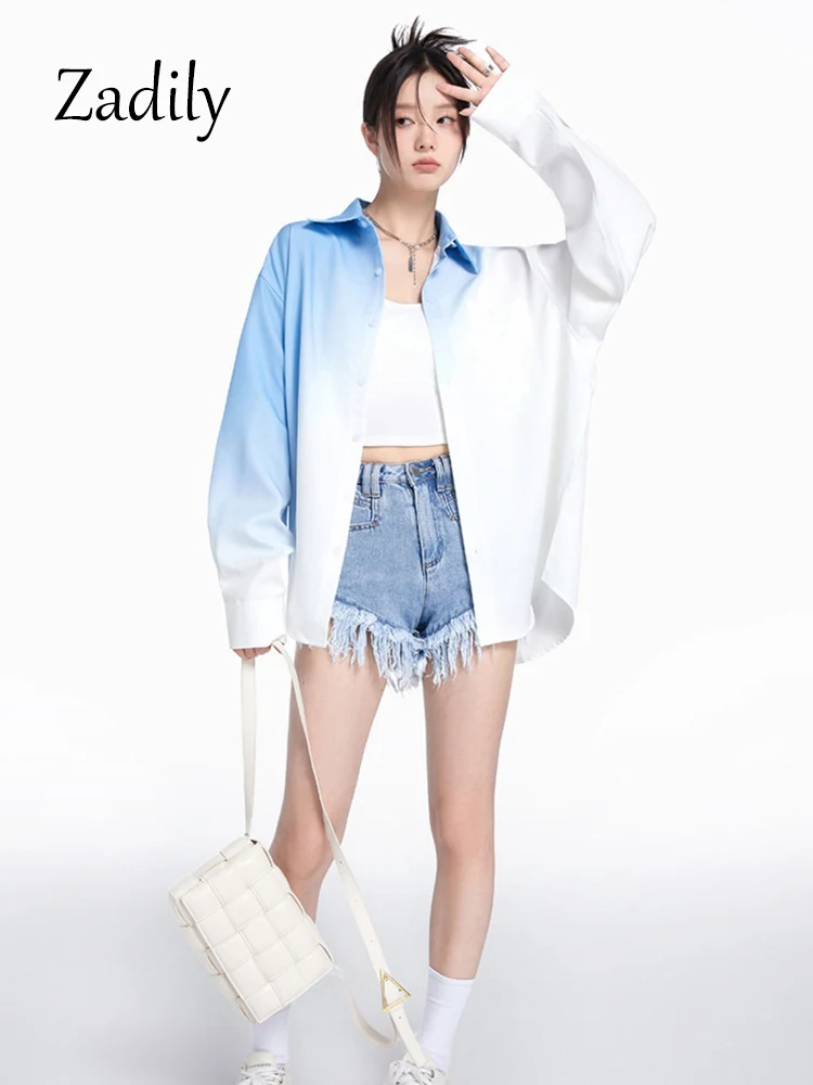 Zadily 2023 Summer Unisex Long Sleeve gradient Women White Shirt Oversize Button Up Woman Blouse Streetwear Female Clothing Tops