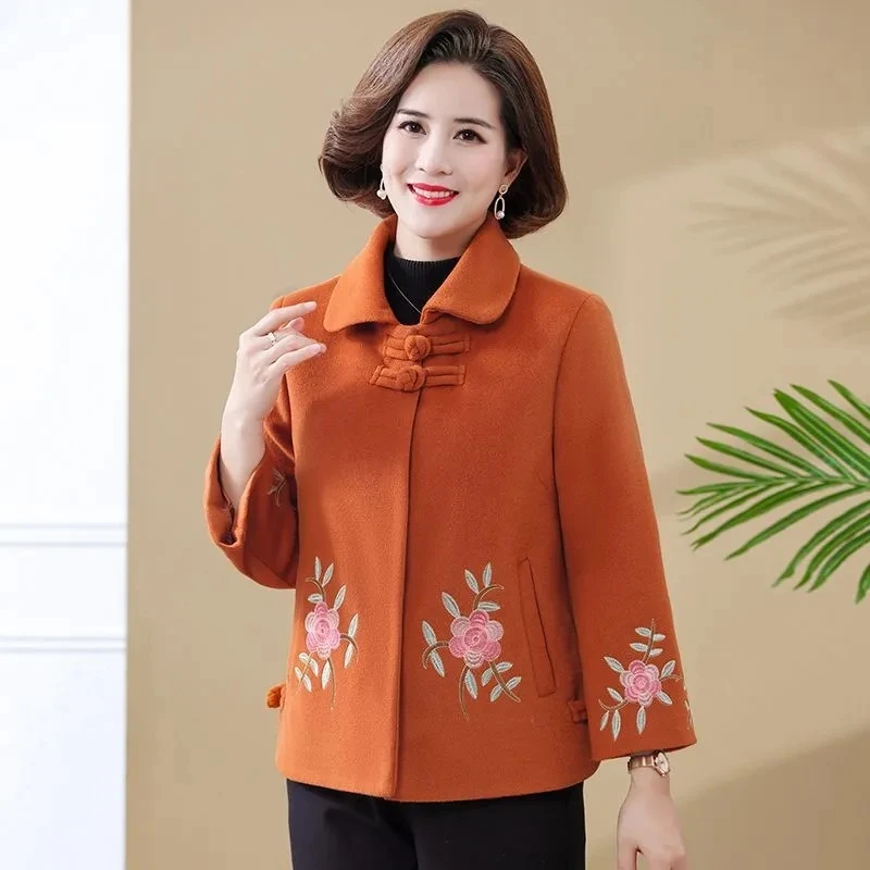 NEW Spring Autumn Mother Short Woolen Jacket Middle-Aged Elderly Women Elegant Embroidered Coat Casual Loose Wool Outwear L-5XL