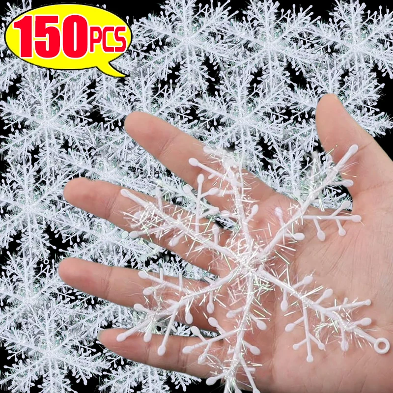 30/150Pcs Artificial White Snowflake Ornaments Xmas Tree Window Hanging Glitter Snowflake DIY New Year Wreath Party Decorations