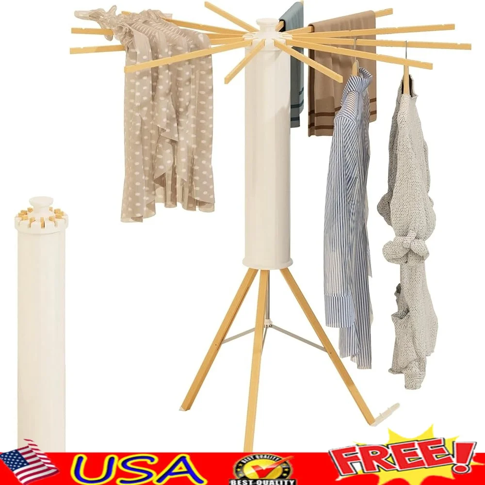 

Portable Foldable Tripod Drying Rack with 12 Wooden Arms Laundry Clothes Hanging Space Saver Collapsible Adjustable Organizer