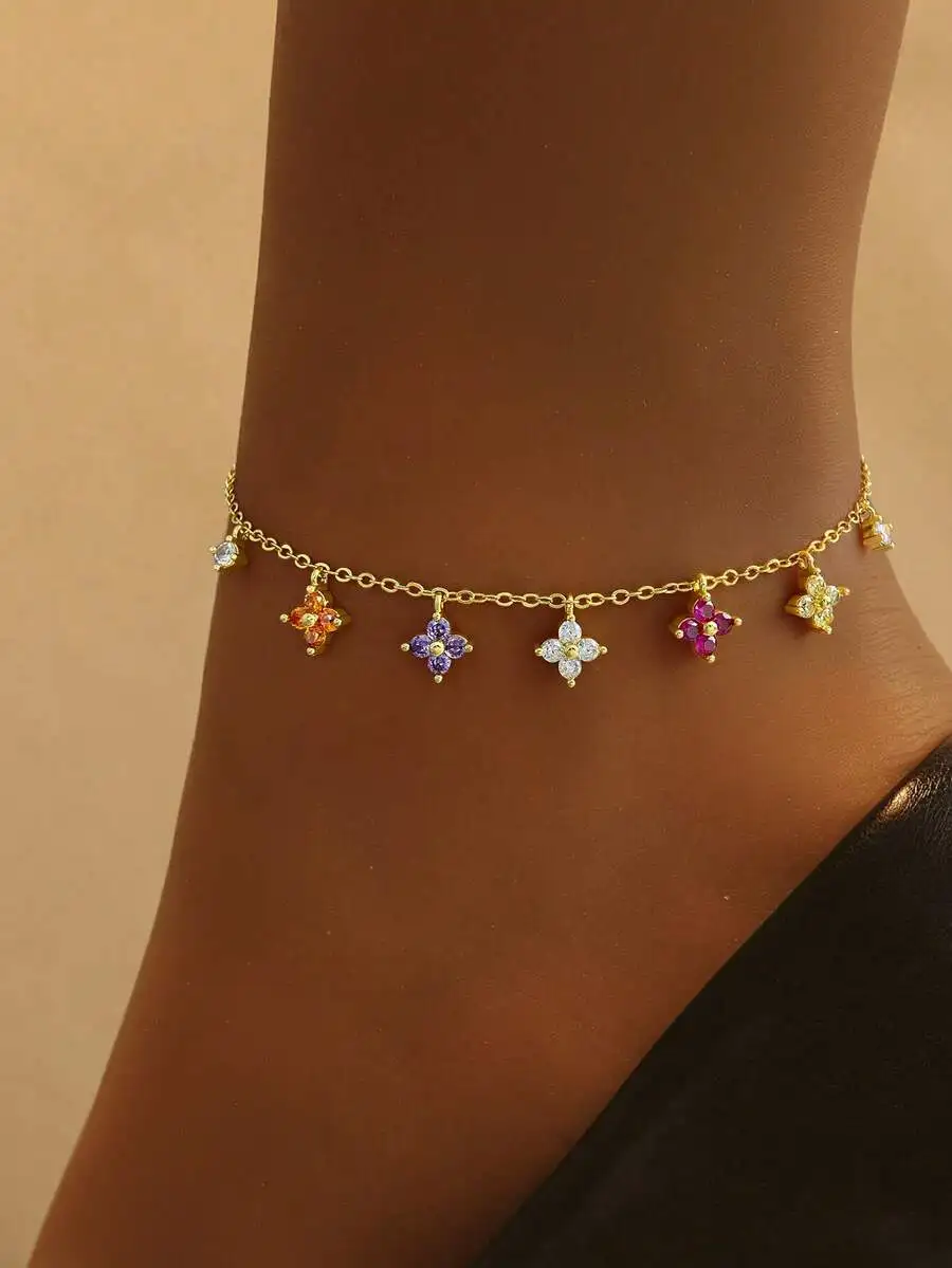 

Vibrant Multi-Color Flower Charm Anklet For Women, Delicate Foot Chain Jewelry Accessory