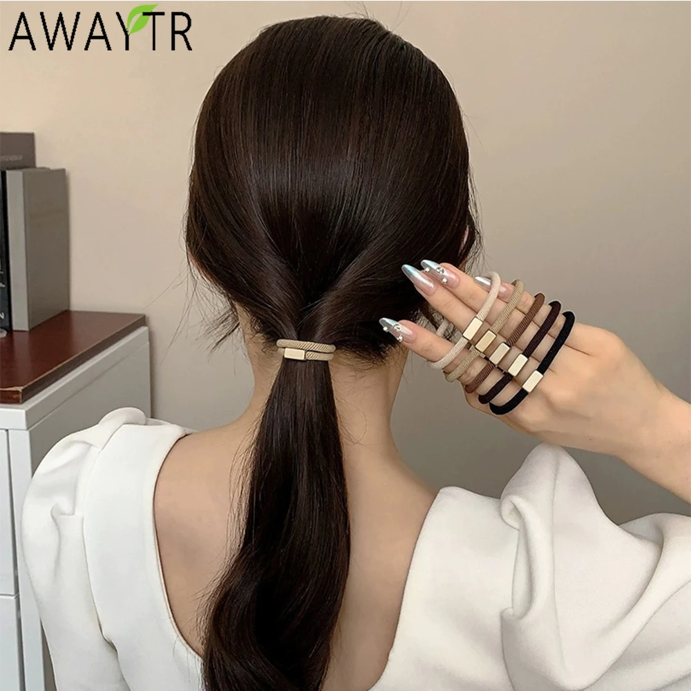 AWAYTR 5PCs Earth Tones Headbands Alloy Buckle Nylon Rope Ponytail For Women Hair Ties Holders Rubber Band Korean Headdress