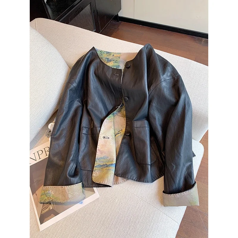Nova Jaqueta de Couro Fena Estilo Chinês Dupla Face para Outono, Sensação de Luxo, Única e Bonita, Blusa de Manga Longa