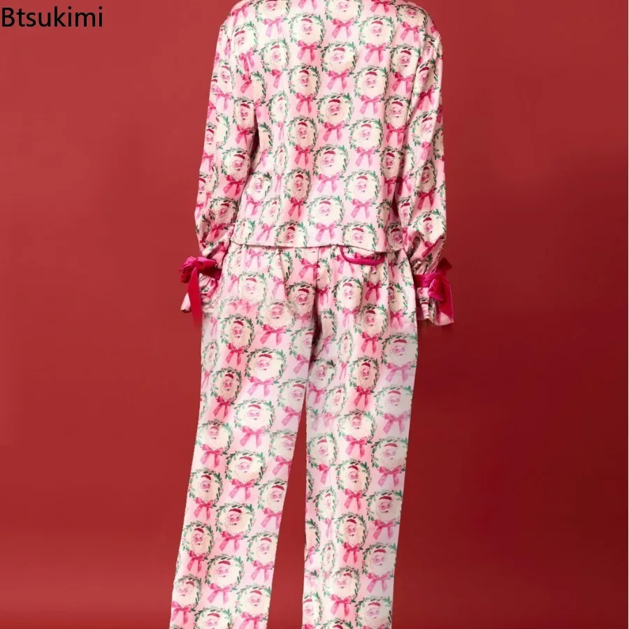 Women's Winter Christmas Pajama Set Santa/Tree Print Lapel Neck Button-up Long Sleeve Tops + Shorts 2-Piece Loungewear Outfit