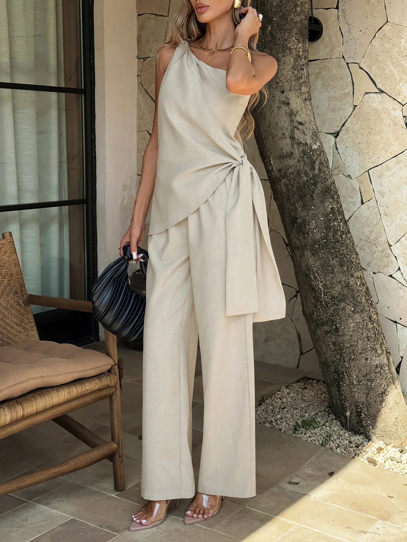 

Two Piece Set Women Outfit 2026 Spring Summer New Solid Color Slanted Shoulder Sleeveless Side Lace Up Top & Casual Pants Set