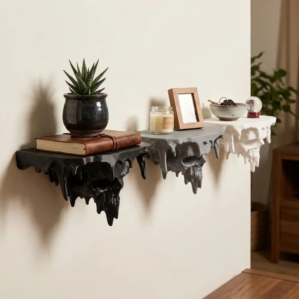 3D Printed Skull Drip Floating Shelf Plastic Dark Gothic Icicle Skull Melting Wall Shelf Stable Irregular Drip Shaped