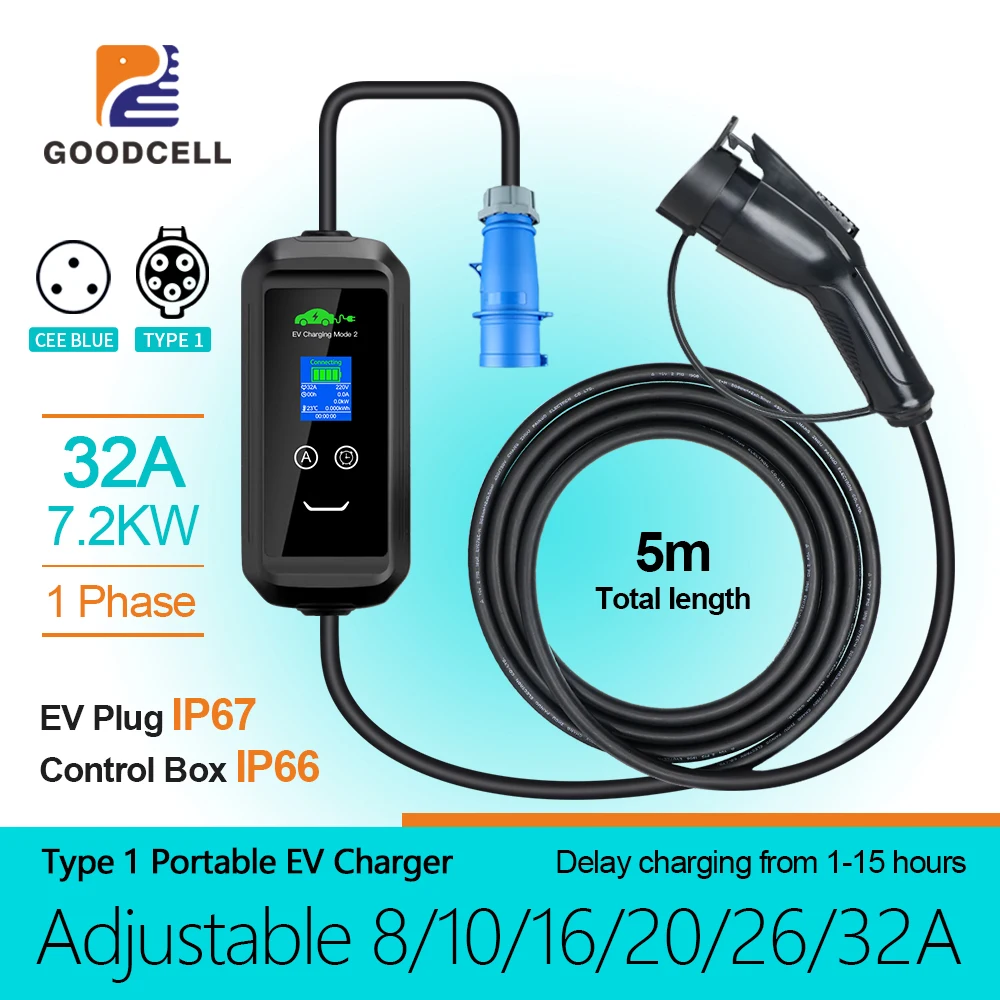 Type1 32A EVSE Wallbox EV Car Charger Electric Vehicle Charging 7KW 1 Phase SAE J1772 Plug EV Charger 5m Cable