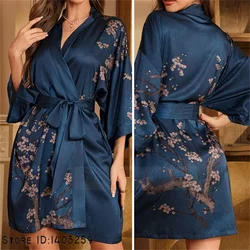 Elegant Print Flower Robe Half Sleeve Kimono Bathrobe Gown Sleepwear Summer Women Nightgown Loungewear Plus Size Satin Home Wear