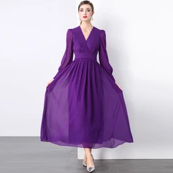 2024 Autumn New European and American Fashion Purple Solid Color Long Sleeve Dress with Waist Fold V-neck Knee length Skirt