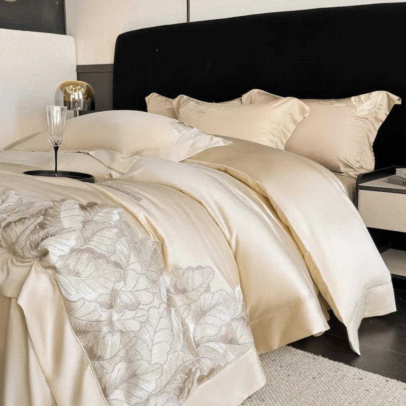 Luxury Leaf Embroidery Bedding Set 500TC Egyptian Cotton Queen King Size Duvet Cover Flat/Fitted Bed Sheet Pillowcases 4Pcs