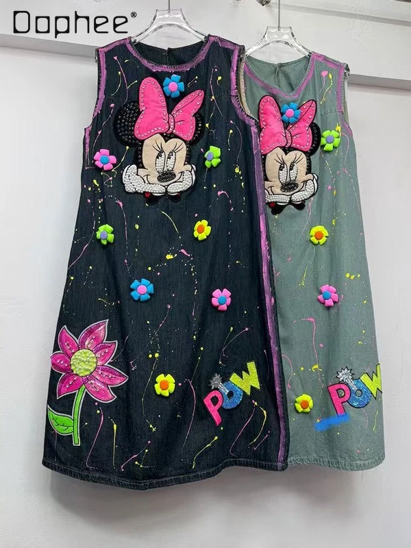 

2025 Summer New Women's Denim Dress Loose Cartoon Beaded Graffiti Fashion Round Neck Sleeveless Embroidered A-line Dress