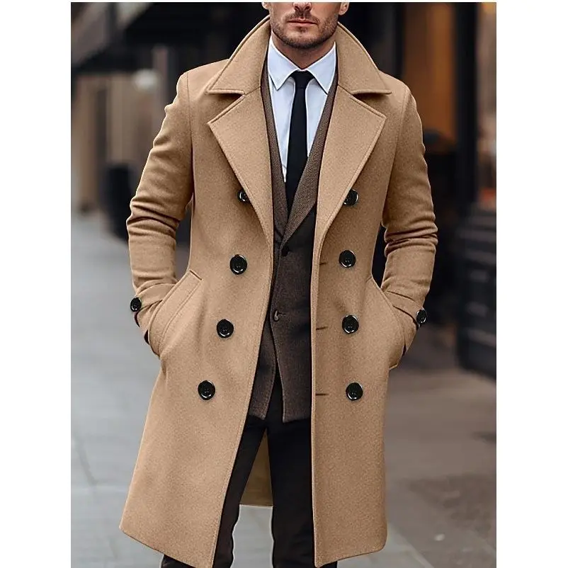 

Men's Mid-Length Woolen Coat Double-Breasted Autumn Winter Jaet Korean Sle Pure Color Tweed Windbreaker Outerwear