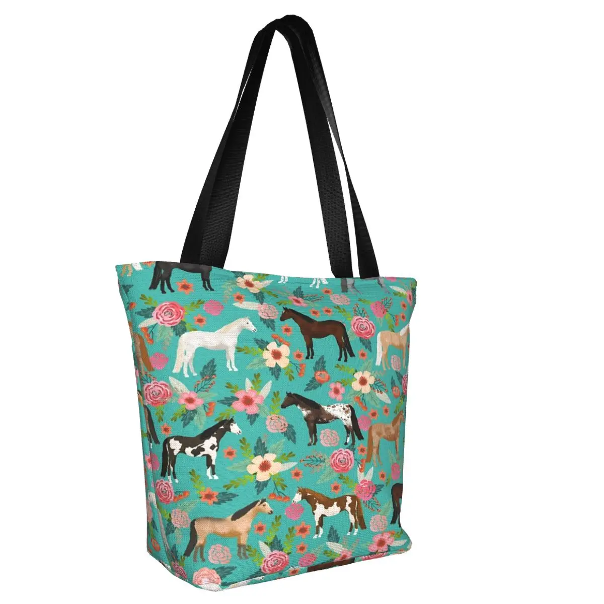 Horses Floral Horse Breeds Farm Animal Pets Casual Shoulder Tote Shopping Bag Large Capacity Wider Handloom For Fitness Gift