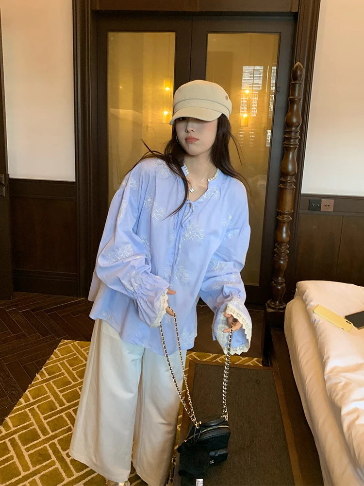 

NAZ Large Size Cotton Feel Striped Embroidered irt Spring Faion French Sle Loose Fit Long Sve with Lace Trim