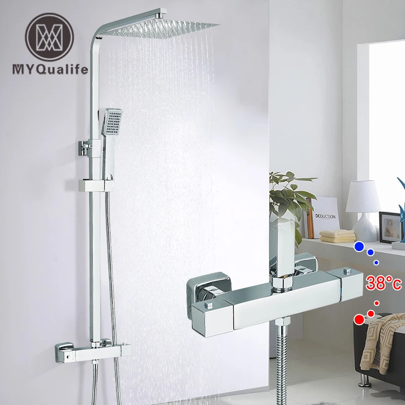 Set di rubinetti per doccia termostatici cromati Soffione doccia a pioggia ultrasottile in acciaio inossidabile con doppia maniglia/doccia a mano Miscelatori in ottone