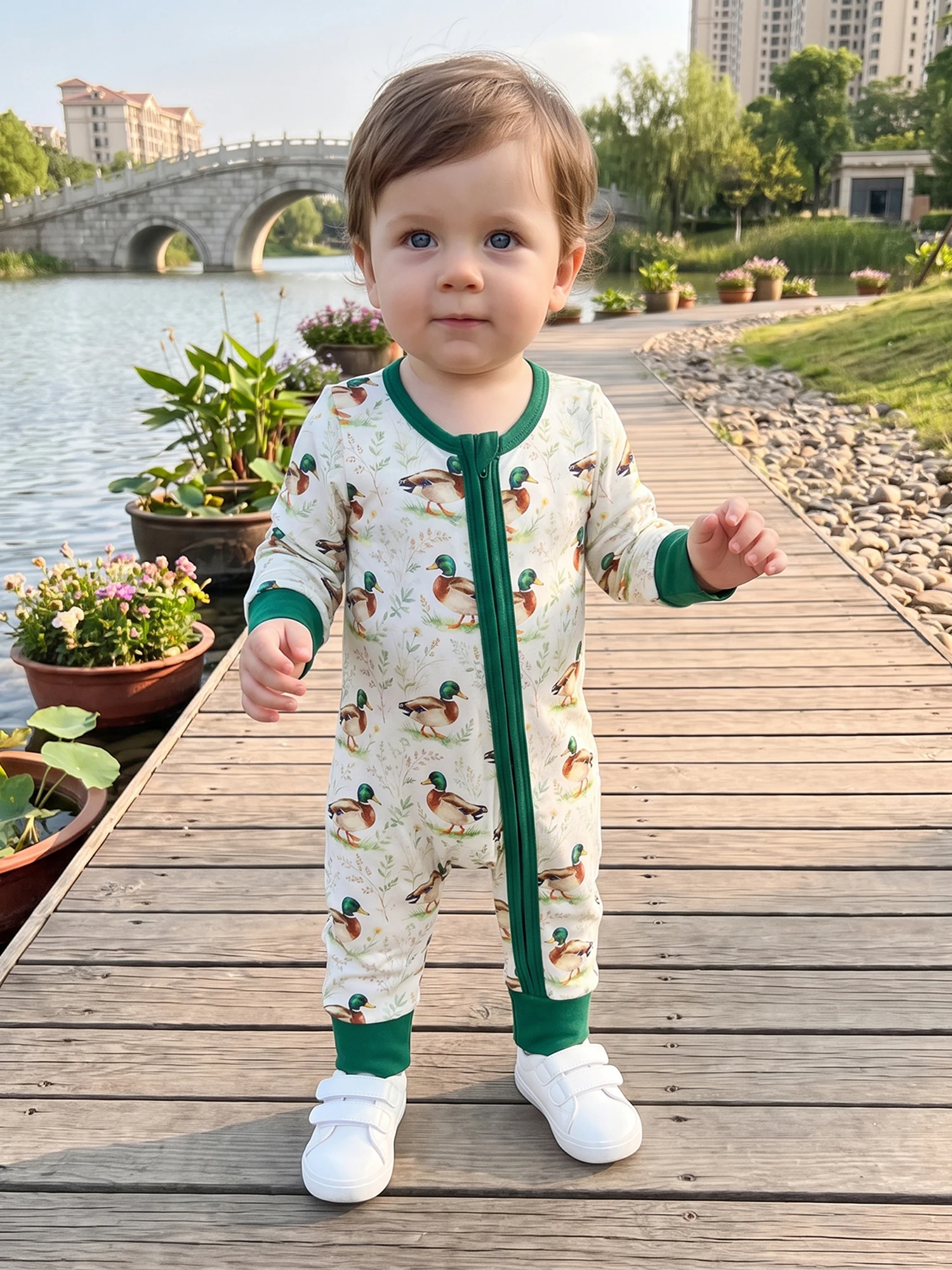 Print Zip Up Neck Jumpsuit Romper Long Sleeve Boy Romper Round-Neck Round Sleeve High Quality Print Zip Up Neck