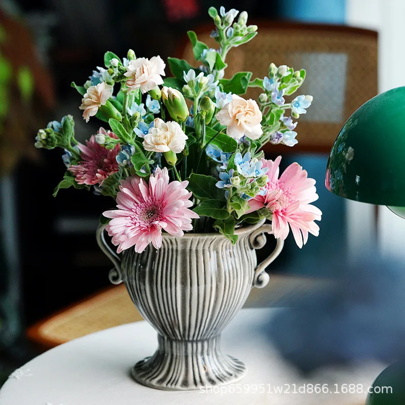 

Imitation Roman Fountain Vintage European Flower Vase Ceramic Dried Flower Arrangement Simple Desktop Ornament Gift H15xW17cm