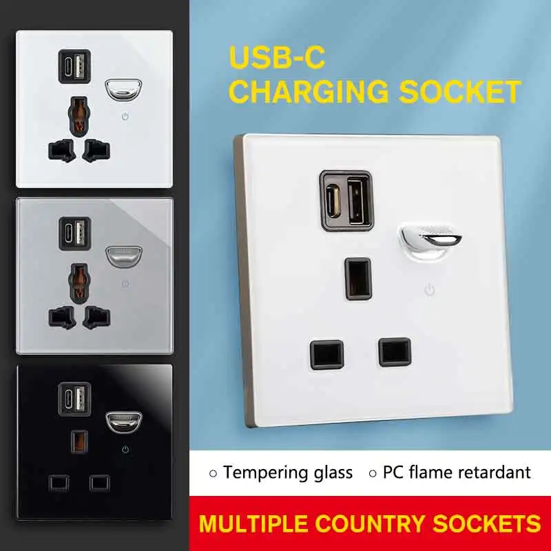 

YINKA Type-c Plug USB Charger, UK Standard 13A Socket with Double USB Ports, 2.1A Wall Outlet Double Outlet with Galss Panel