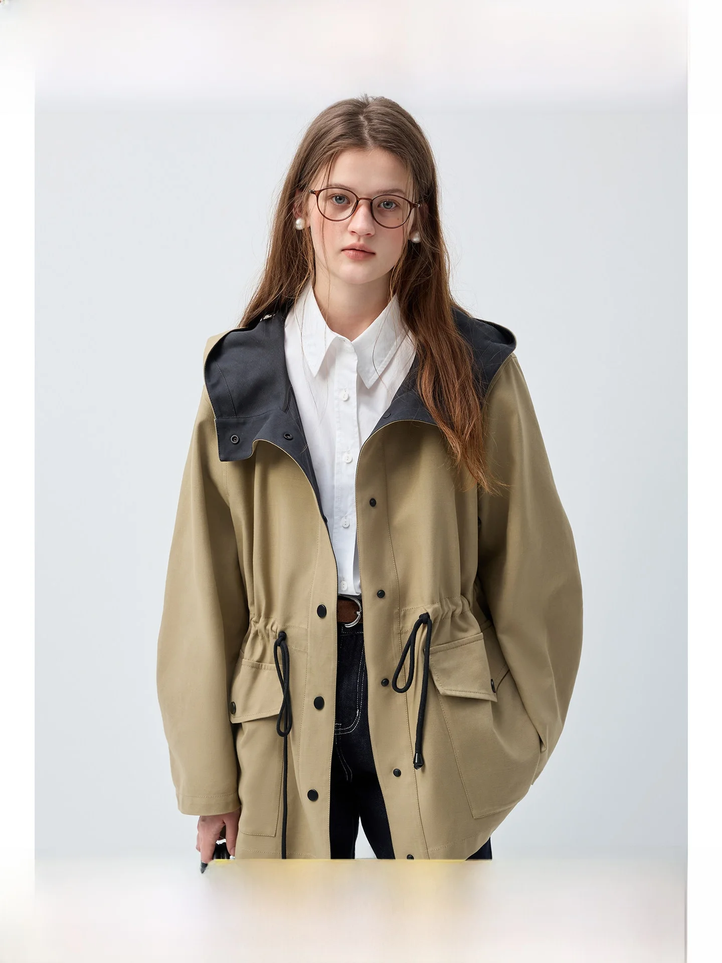 

Rui plus Size Women's Hooded Jacket Color Block Waist Cinched Loose Fit Autumn New Style Casual Long Sleeve Coat
