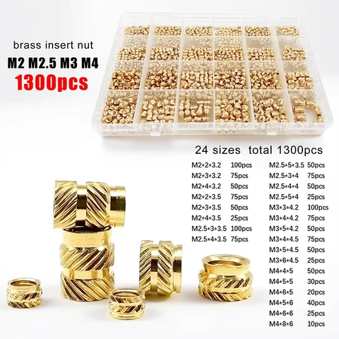 HZYUEGOU M1.4 M1.6 M2 M2.5 M3 M4 M5 M6 Brass Copper Insert Nut Kit Set for Hot Heat Melt Injection 3D Print Twill Knurled Thread