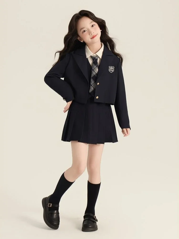 Girls Preppy School Uniform Set 2026 Autumn New Elegant Blazer Shirt Vest Pleated Skirt Outfit for Children​