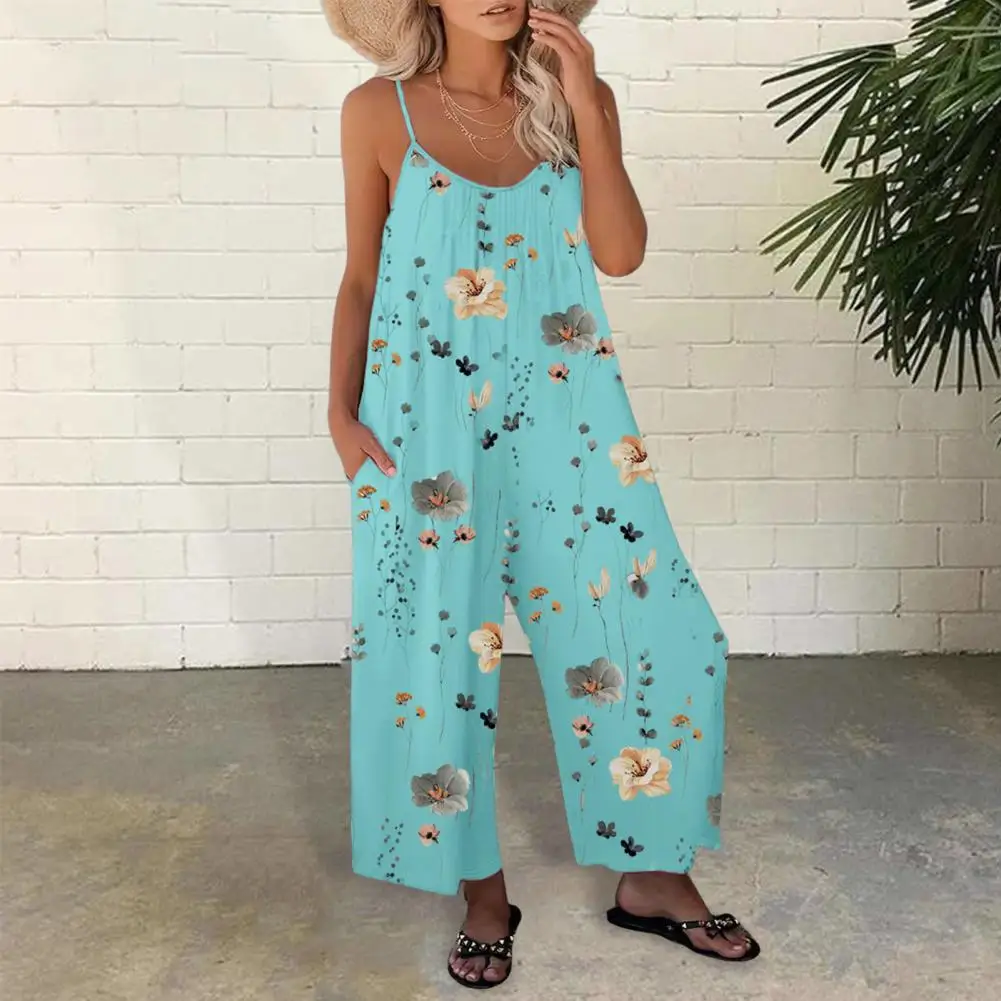 Women Printed Jumpsuit Floral Print Spaghetti Strap Jumpsuit with Side Pockets Sleeveless Wide Leg Vacation Beach Romper