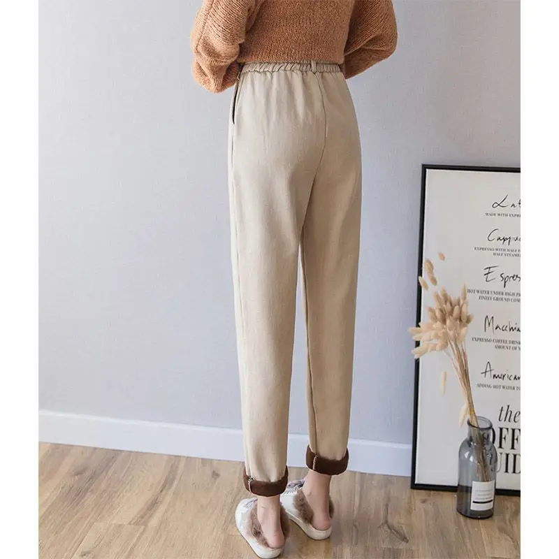 Kobiety Jesień Zima Koreańska Moda Jednolity Kolor Wysoka Talia Cienki Polar Harem Ladies Office Lady All-match Casual Pants